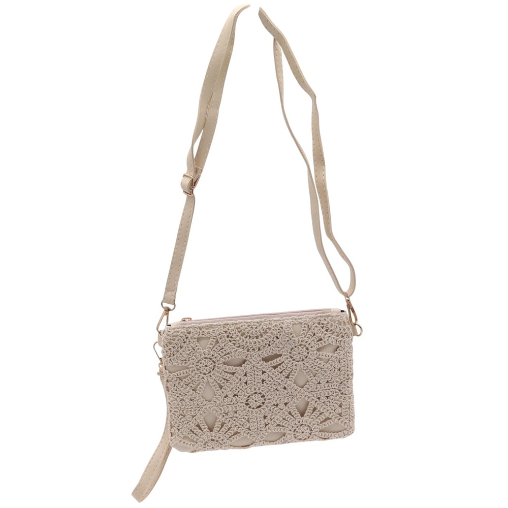 Unbranded Crossbody Bag Womens OS Crochet Lace Cream Boho Wristlet Excellent